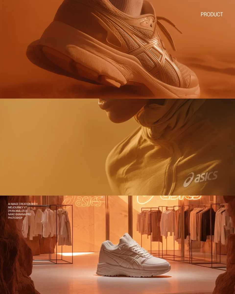 Asics Concept: Tafel „Product“ in drei Streifen: Laufschuh im Sand, Jacke mit Logo, weißer Sneaker im Store