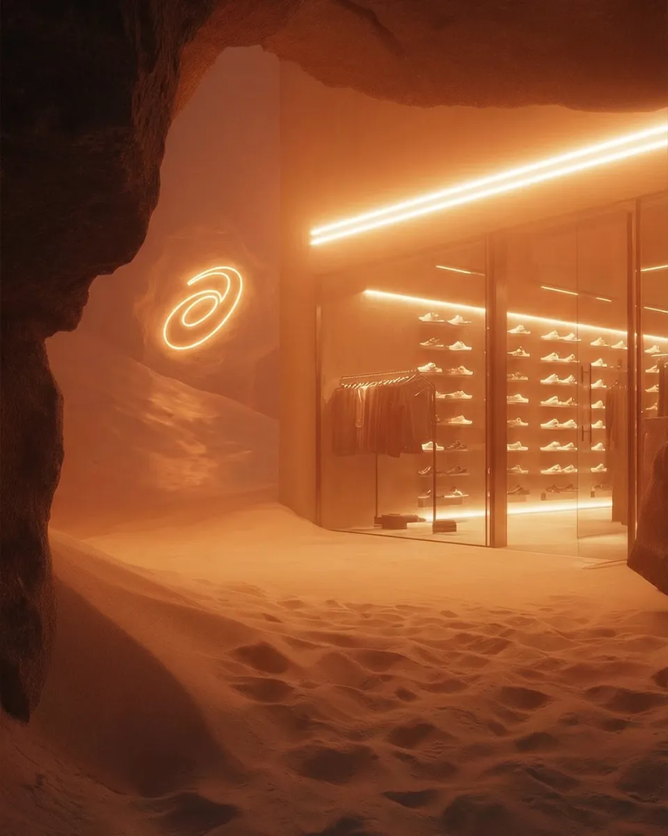 Asics Concept: Store im Fels mit Neon-Bildmarke an der Wand, Schuhregale hinter Glas, Sand mit Fußspuren