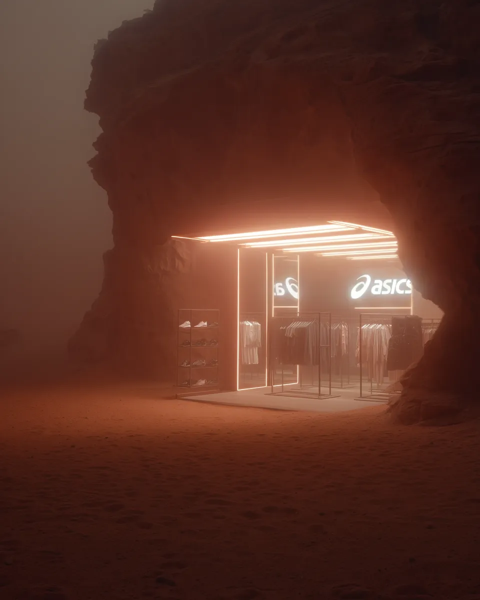 Asics Concept: Store in einer Felsöffnung im Nebel, Neonlicht, Kleiderständer, Schuhregal und Logo